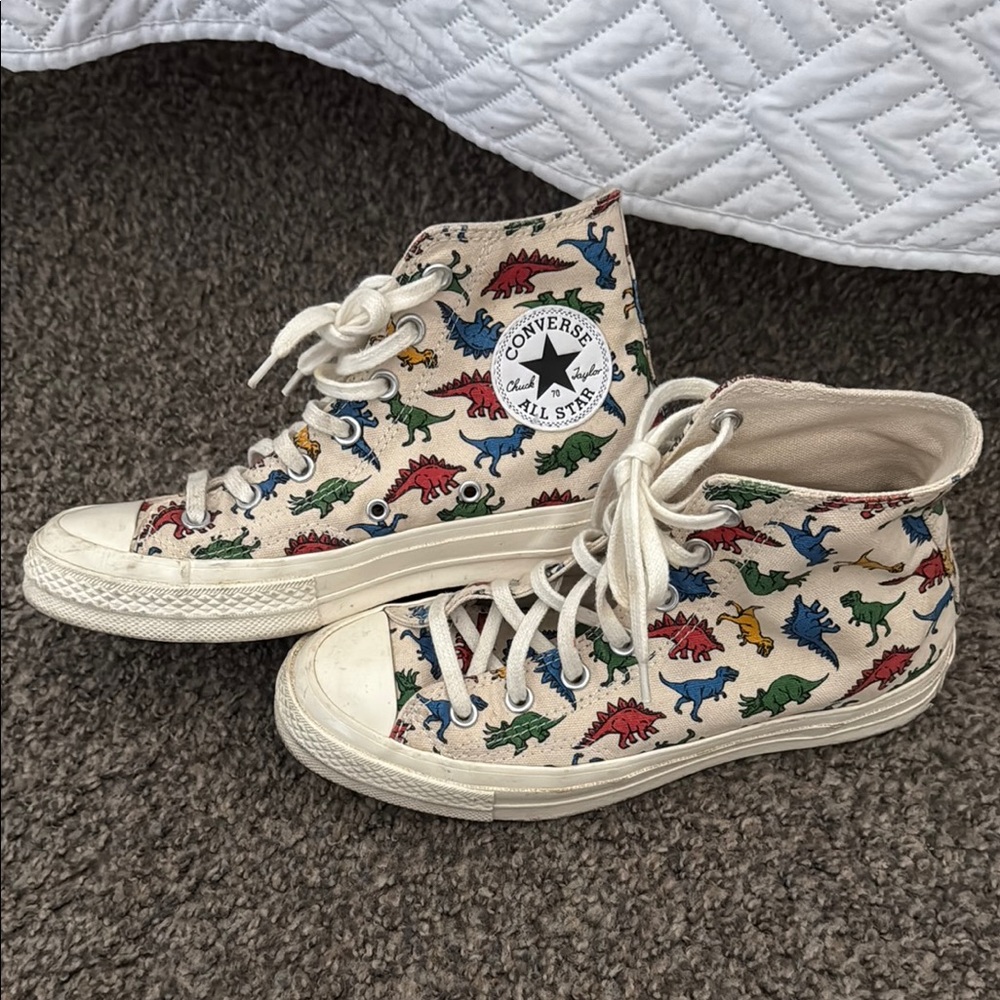 Converse Cream High-Top Sneakers with Dinosaur Print